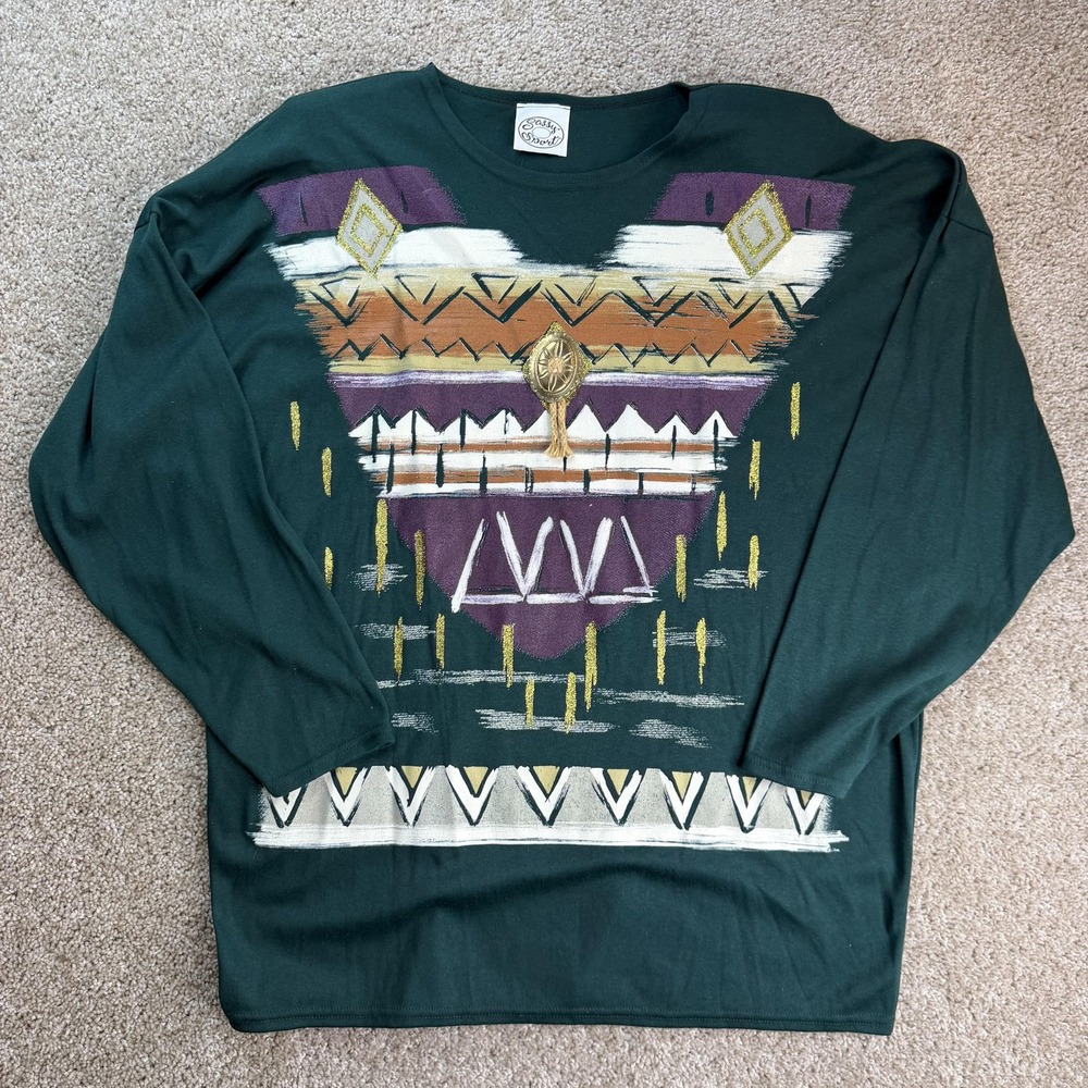 Sassy Sport Shirt Womens XL Green Southwestern Geometric Tassel Long Sleeve Top